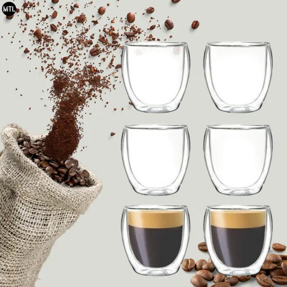 Set X6 Tazas Doble Pared Mtl Térmicas De 80 Ml Para Café Espresso Pocillo Vidrio Borosilicato Aislante Transparente Con Caja Diseño Moderno Elegante Apto Caliente Frío Resistente