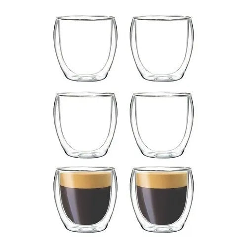 Pack x6 Tazas Café Doble Pared Pocillo Espresso 80ml Vidrio Borosilicato Termo No Transmite Calor Frío Apilable Apto Microondas Lavavajillas Levys Bazar Transparente