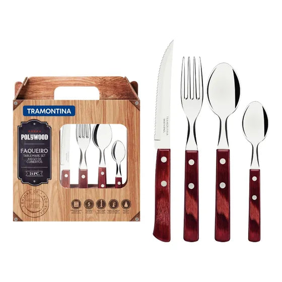Set De Cubiertos Tramontina Polywood 21199/705 Con Cuchillos De Asado 24 Piezas
