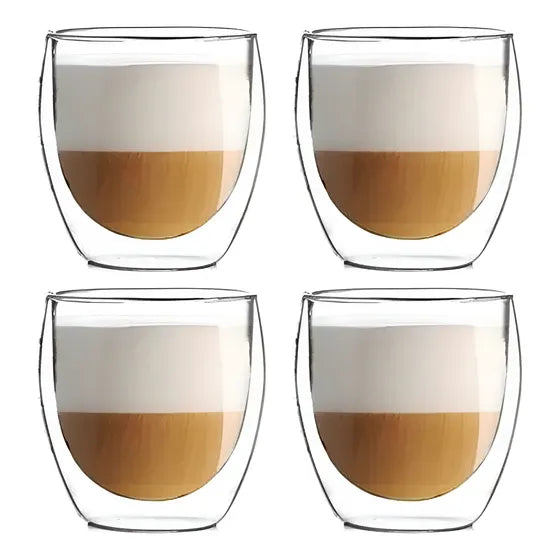 Set X4 Tazas Café Pocillos Vaso Doble Pared Termico Frio Calor Vidrio Borosilicato Levys Bazar 250ml
