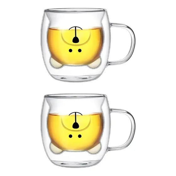 X2 Vasos Tazas Doble Pared Vidrio Oso Osito Cafe 250ml - Térmico - Cafe Te Y Bebidas Calientes Y Frias Mantiene Temperatura - Color Transparente Con Asa